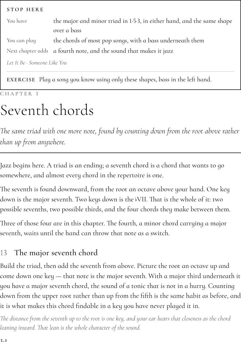 A book page showing a Stop here box followed by the opening of the chapter on seventh chords