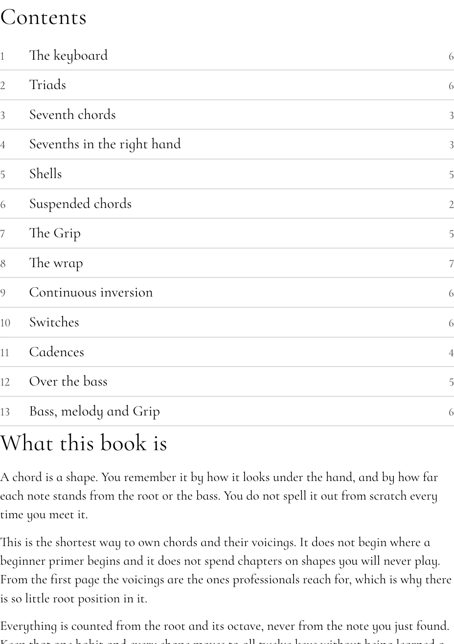 The table of contents of the book, listing both parts and all thirteen chapters