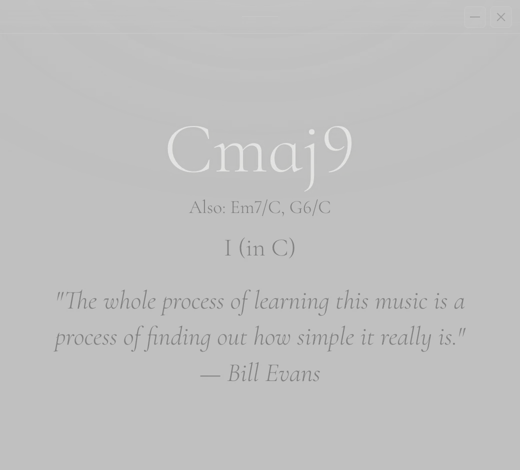 The chord window showing Cmaj9 with a quotation underneath
