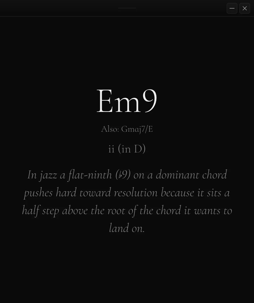 The chord window showing a theory note underneath the chord