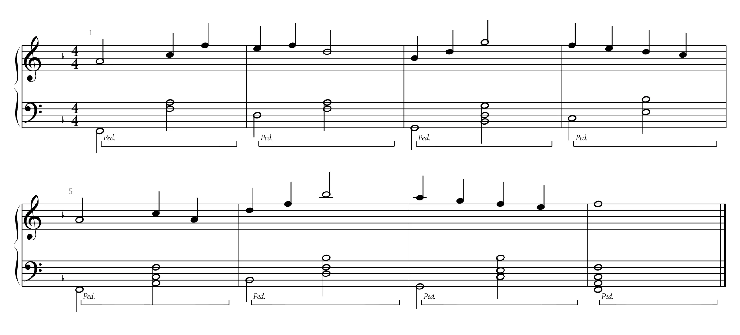 The exported score: eight bars in F major, black on white