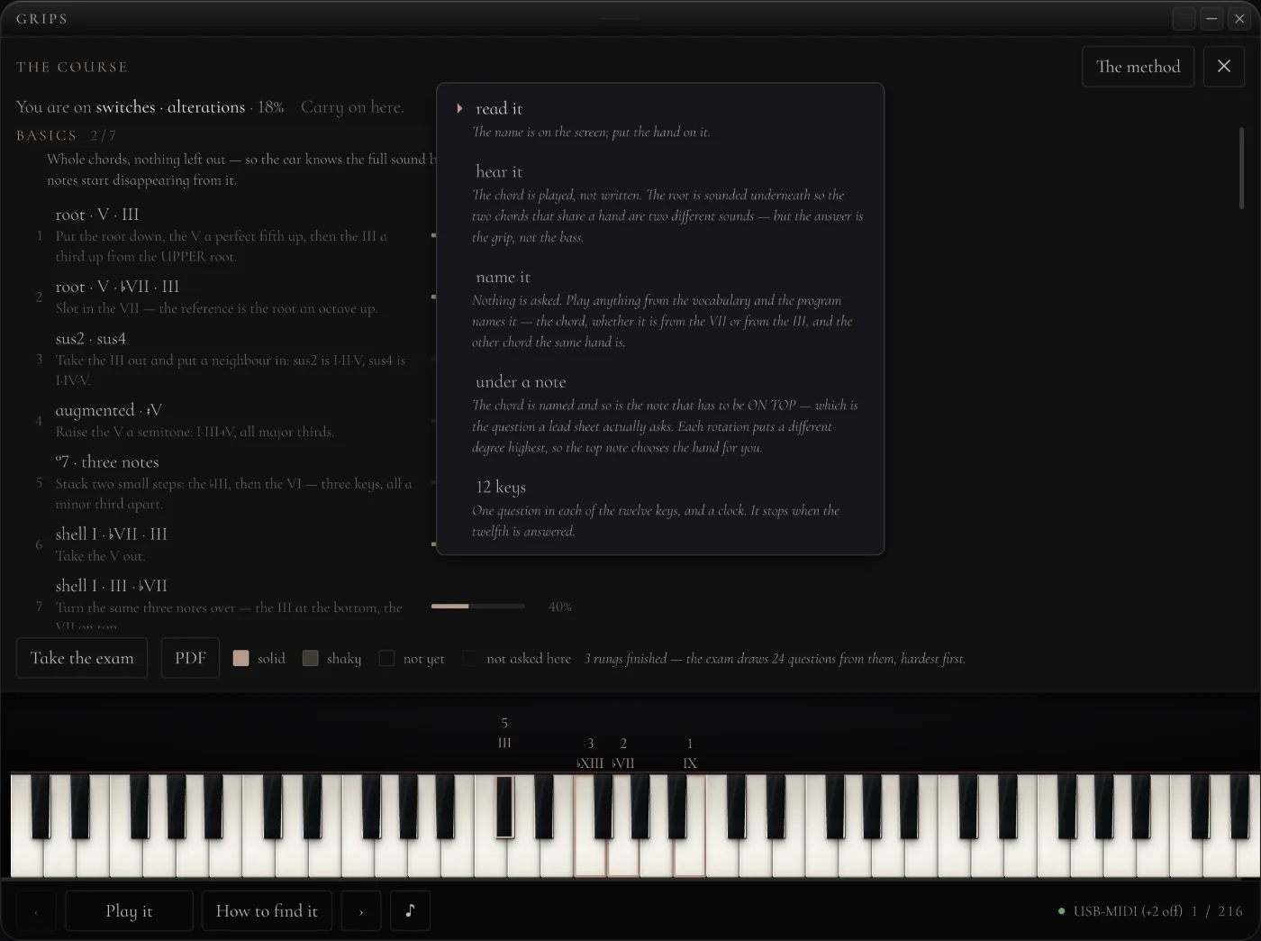 The course screen with a rung opened: twelve keys by hand shapes, each cell tracked