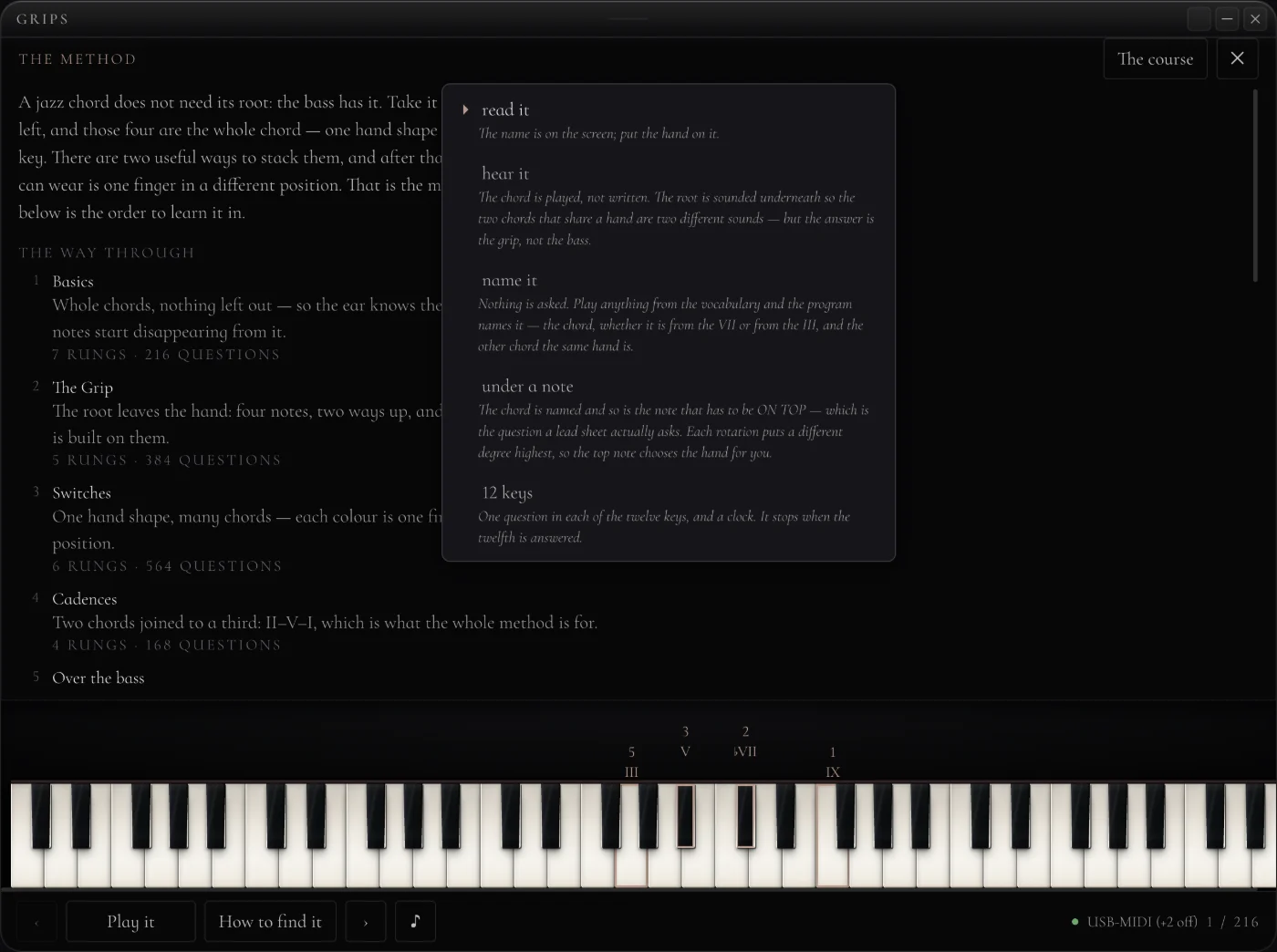 The Grips method screen: the idea, then the path through the course groups