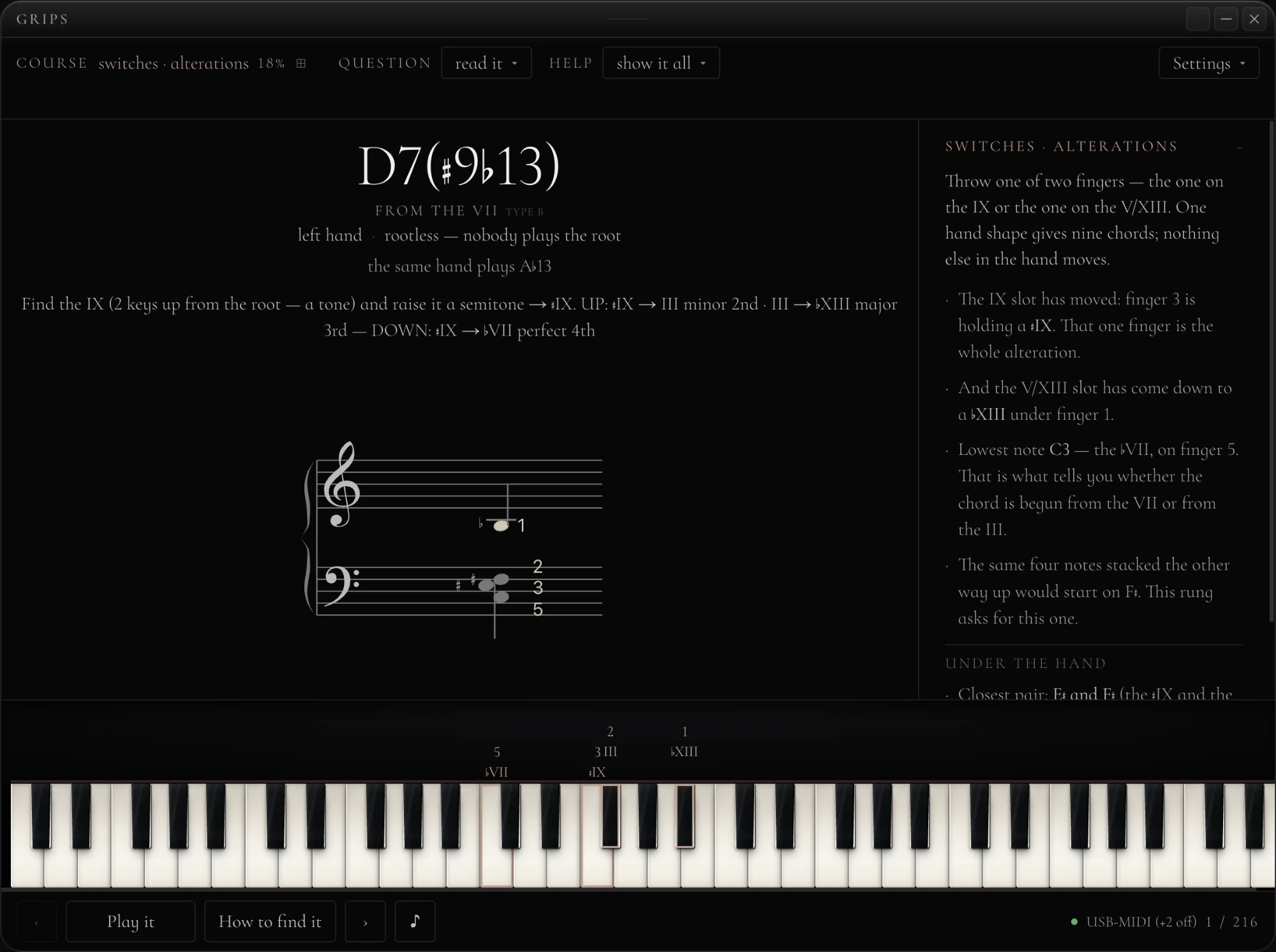 A Grips drill: D7(♯9♭13) from the VII — the staff, the fingering, the keyboard and the explanation panel