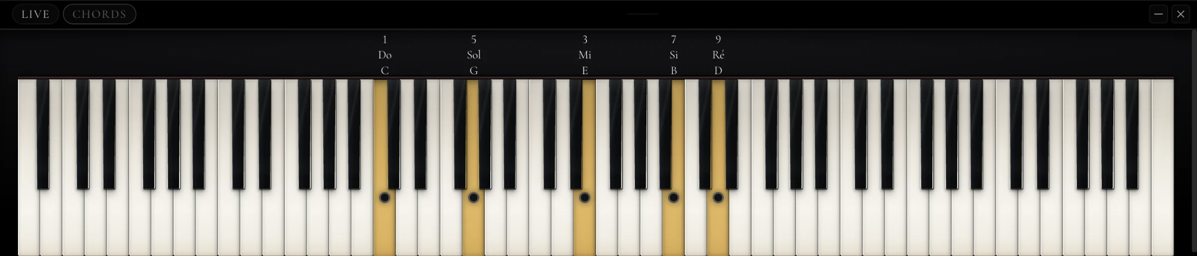 The keyboard window with the notes of Cmaj9 lit and labelled