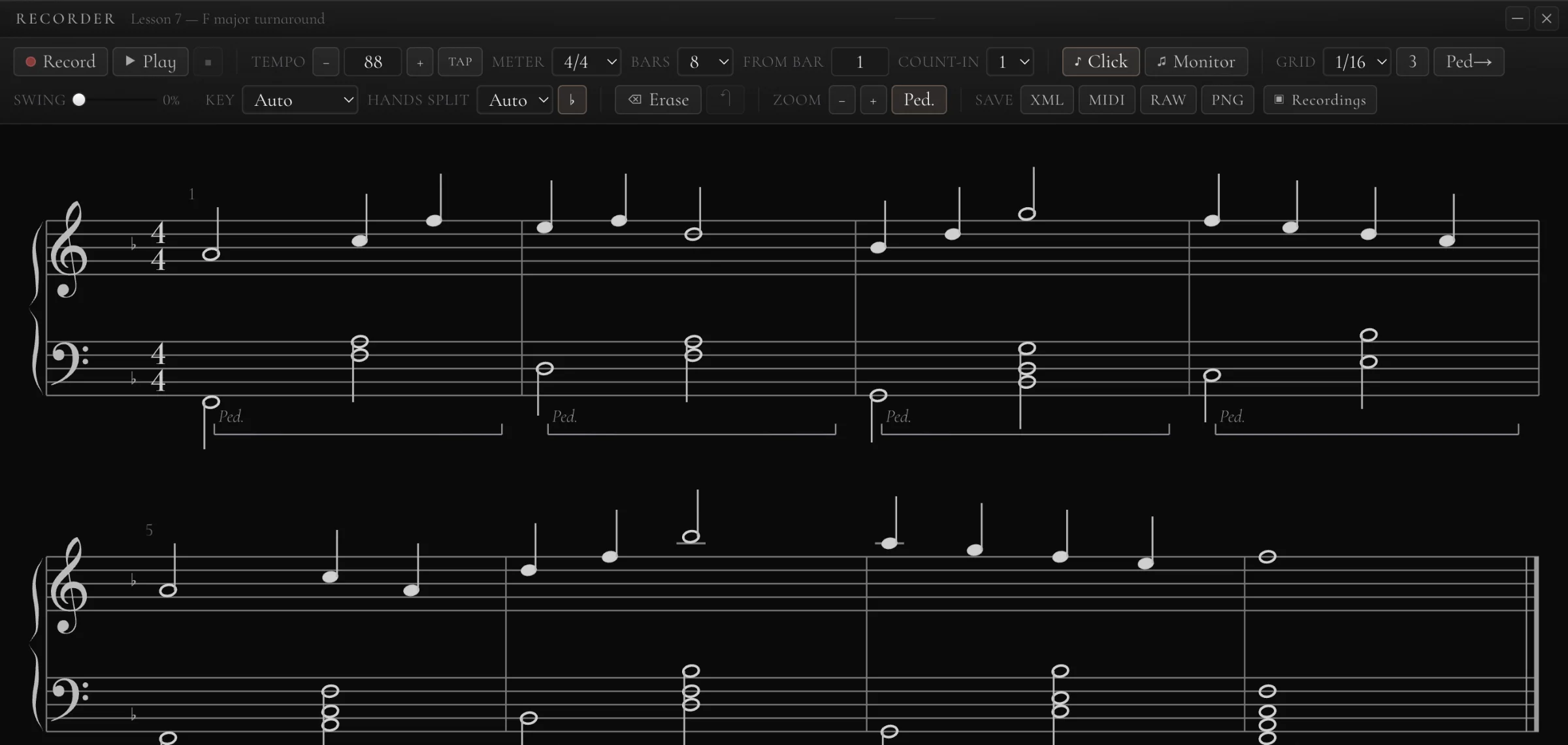 Recorder mode: eight bars of a performance written out on the grand staff