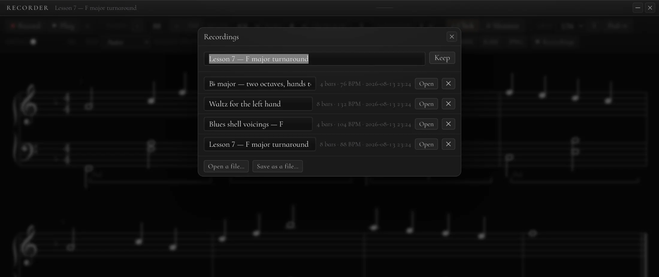 The recordings shelf, listing kept takes with their bar count, tempo and date