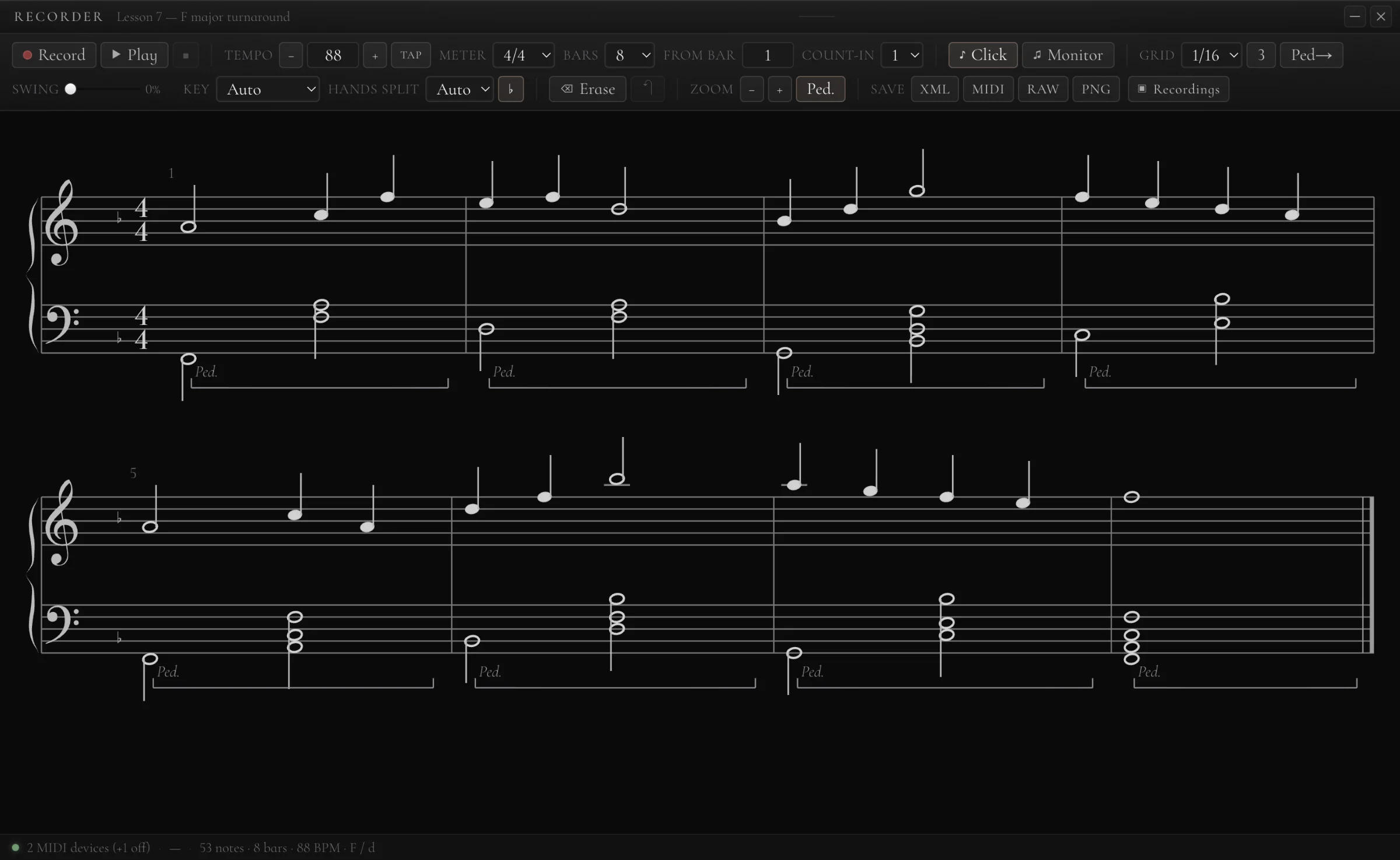 The Recorder window: eight bars in F major on two staves, with pedal lines