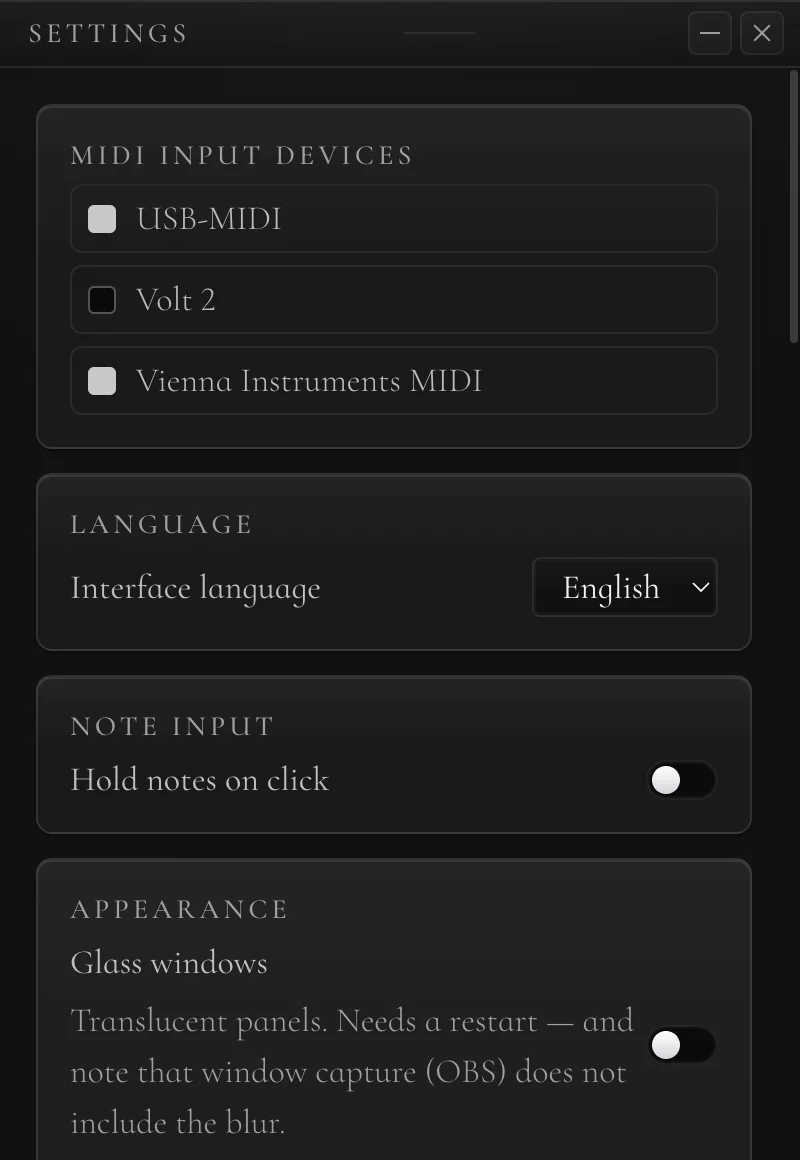The settings window