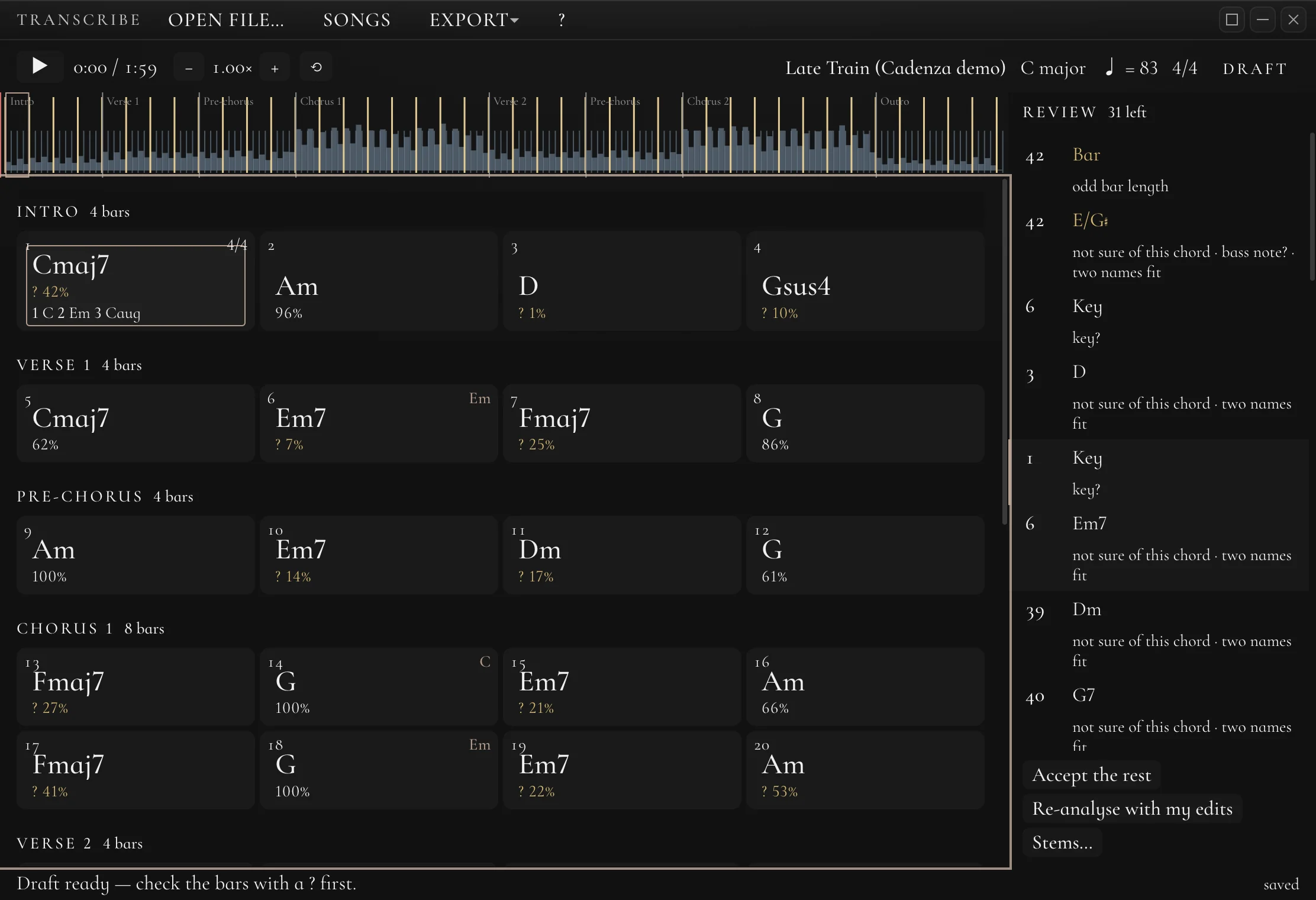 The Transcribe window: a two-minute song read into Intro, Verse, Pre-chorus and Chorus sections, one chord per bar, C major, 83 BPM, 4/4, with a review list of unsure chords on the right
