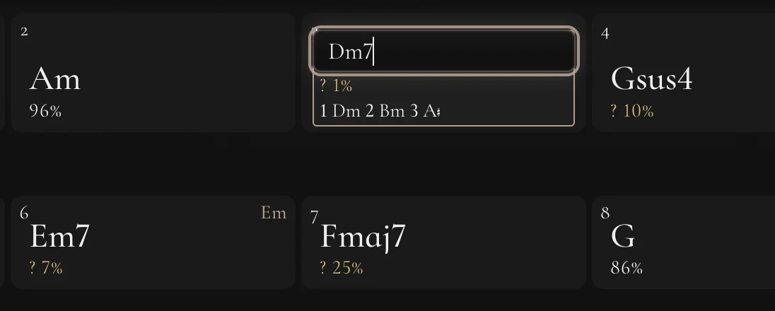 Typing Dm7 into bar 3 of the chart; under the field, the alternatives it heard: Dm, Bm, A sharp