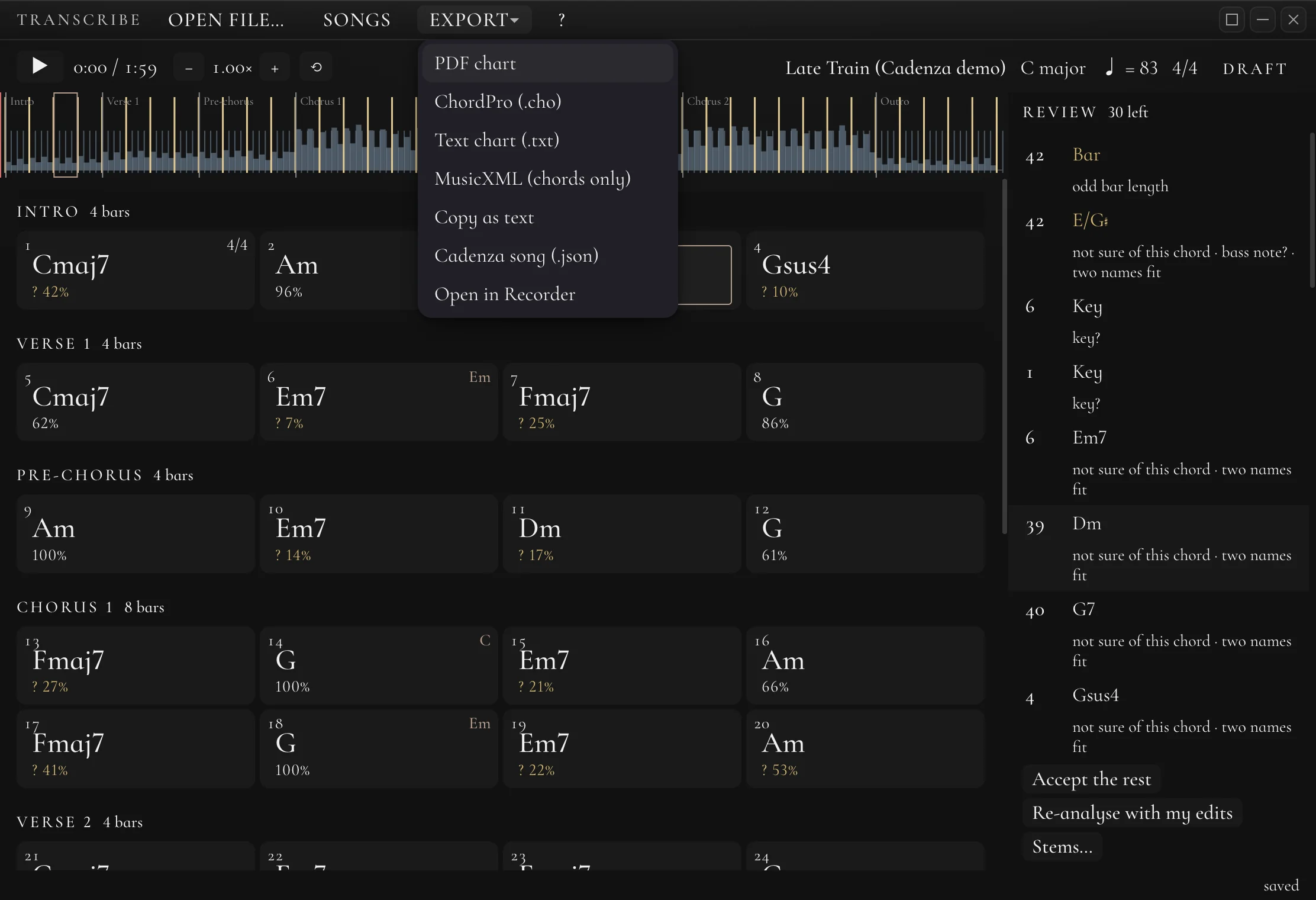 The Export menu: PDF chart, ChordPro, text chart, MusicXML chords only, copy as text, Cadenza song, open in Recorder